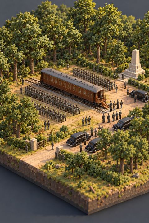 A forest clearing with an old wooden railway dining car, ranks of soldiers and parked staff cars around it