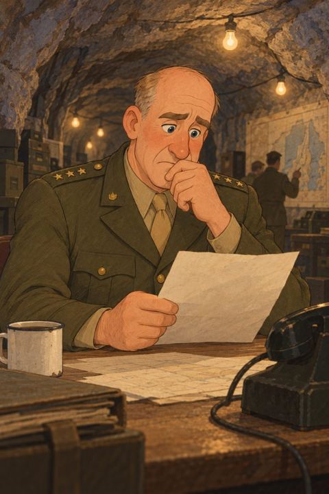 Dwight Eisenhower at a desk in a rock-walled tunnel lit by electric bulbs, reading signals