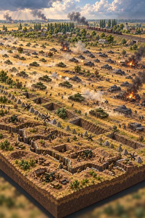 Hundreds of tanks clash in dust and smoke across wheat fields cut by deep trench lines.