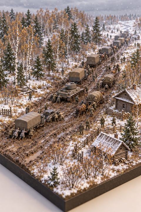 German trucks and wagons stuck in deep mud on a Russian road as the first snow falls.
