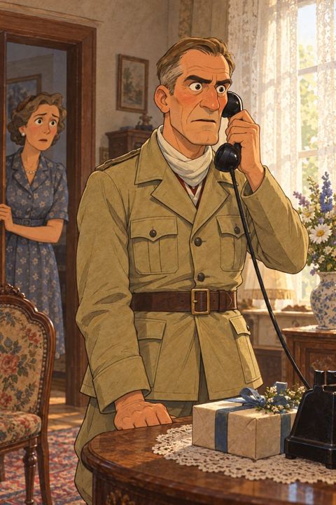 Rommel at home holding a telephone receiver, a wrapped birthday present on the table behind him.