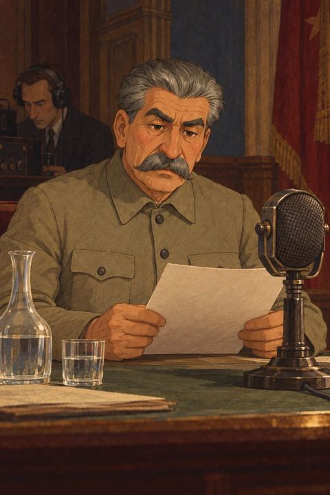 Stalin speaking into a radio microphone, a glass of water beside him