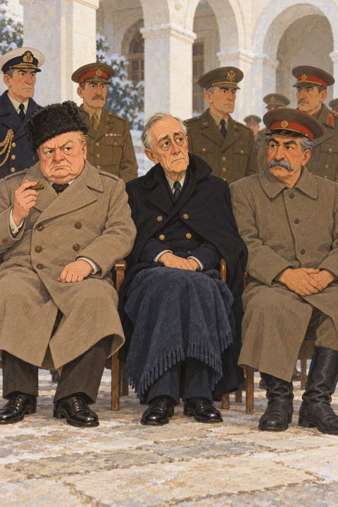 Churchill, Roosevelt and Stalin seated side by side on chairs in a palace courtyard, with officers standing behind
