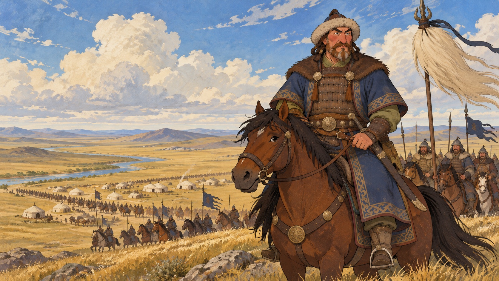 Genghis Khan on a steppe horse on a grassy ridge, a long line of horsemen and white gers behind him.
