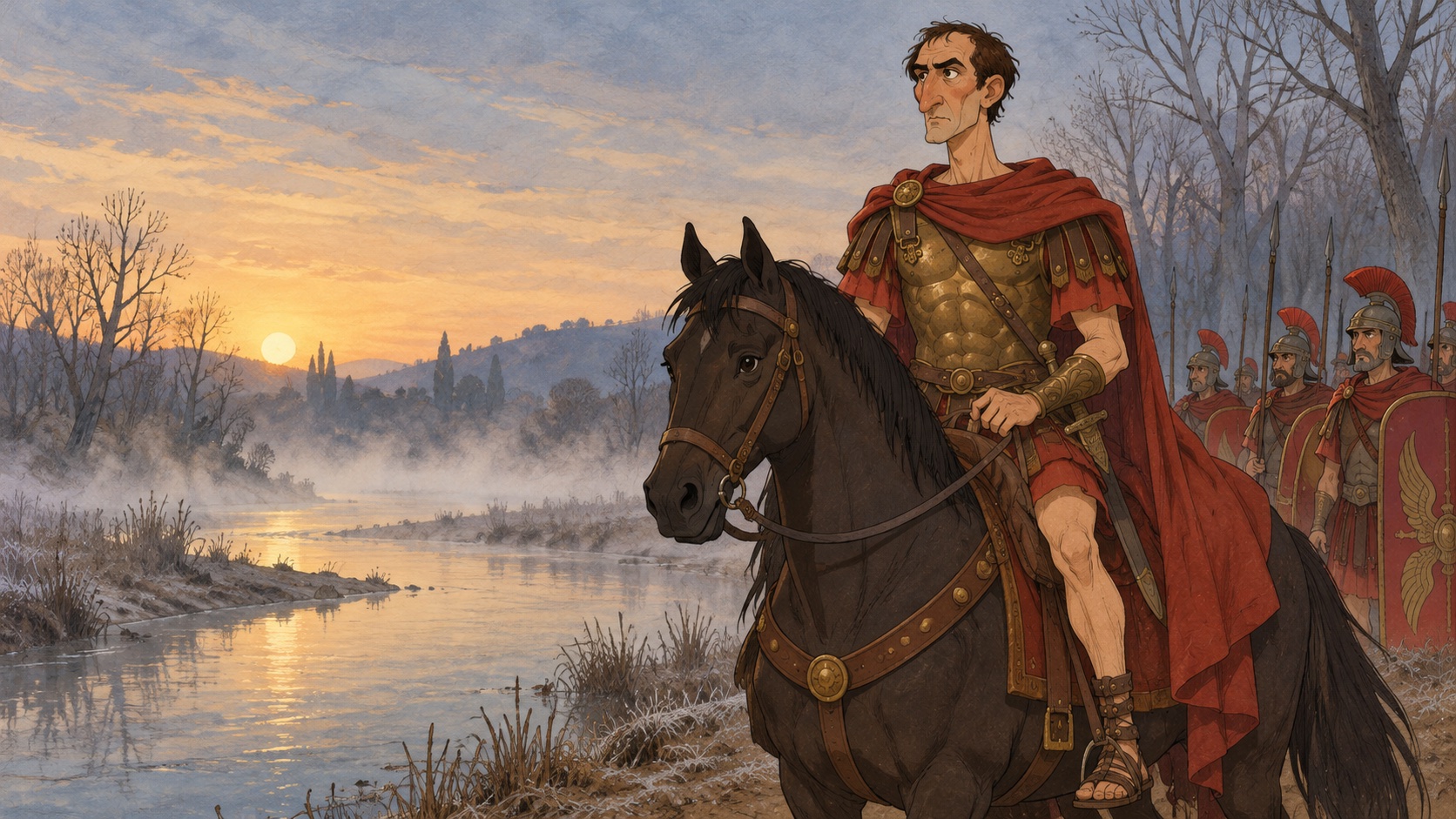 Julius Caesar on his dark horse at the misty bank of the Rubicon at dawn, legionaries behind him.