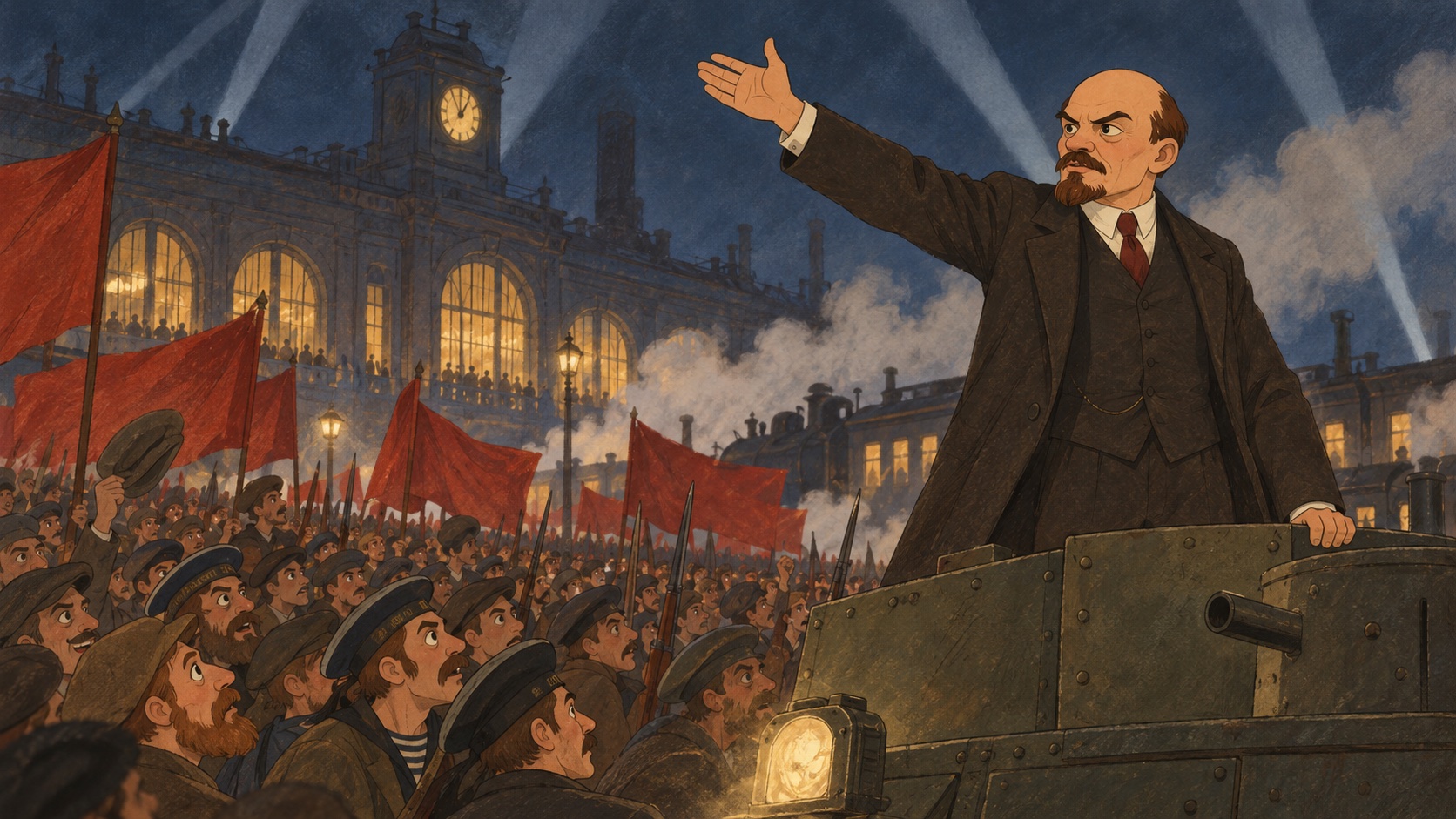 Lenin speaking from an armoured car outside the Finland Station at night, a crowd with red banners below.