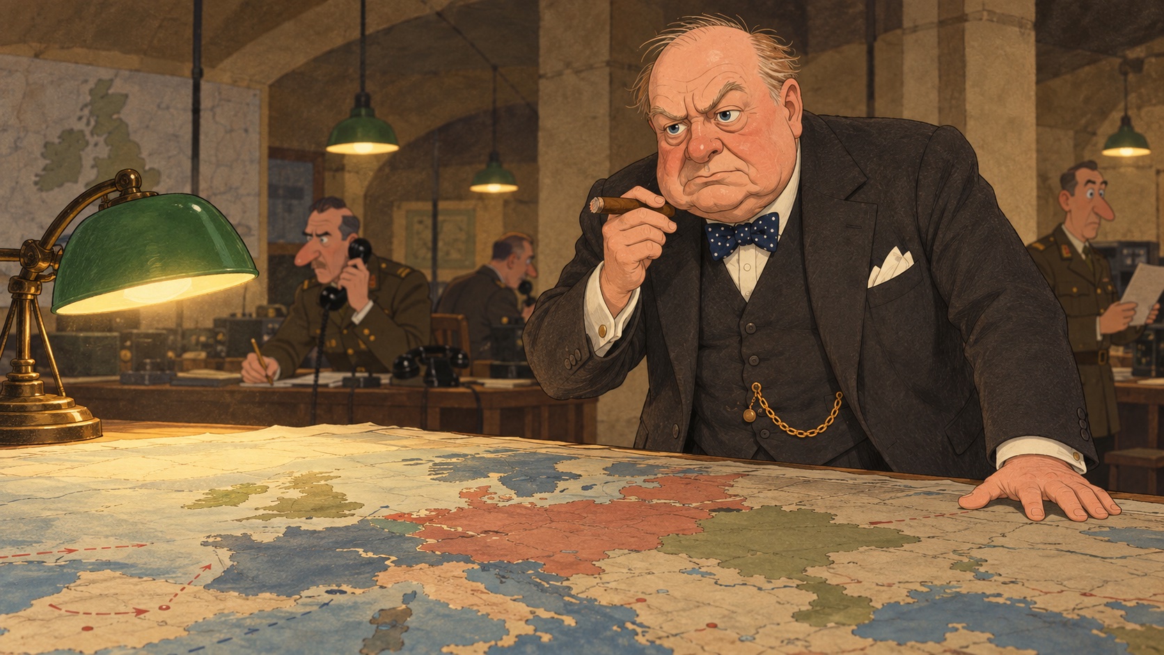 Winston Churchill leaning over a wall map of Europe in the underground Cabinet War Rooms, cigar in hand.