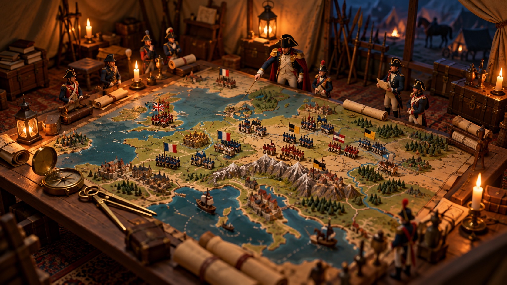 A commander's campaign table at night: a relief map of Europe covered in miniature armies, lit by candles.