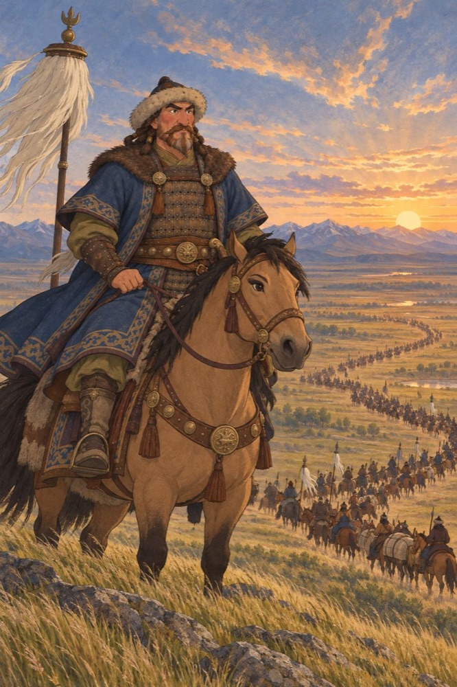 Genghis Khan on horseback.