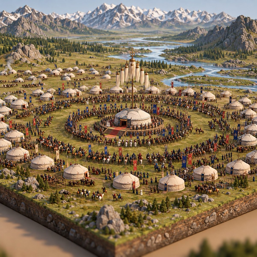 Diorama of the great kurultai of 1206, rings of gers around the khan's tent.