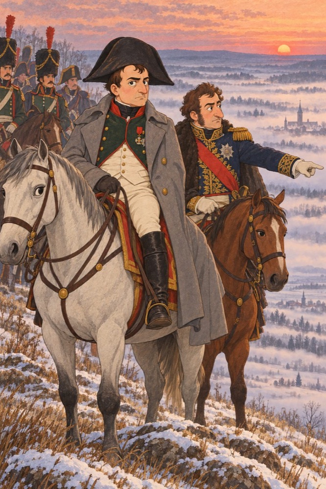 Painted close-up: Napoleon on a white horse above the fog at Austerlitz, Marshal Soult beside him.