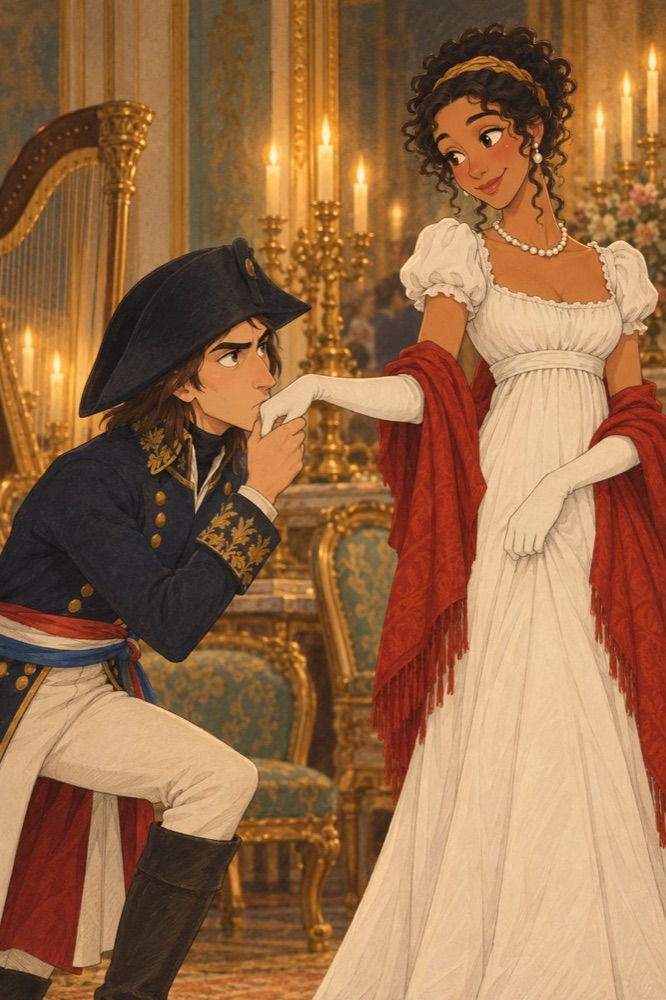 Napoleon kneeling to kiss Josephine's hand in a candlelit salon.