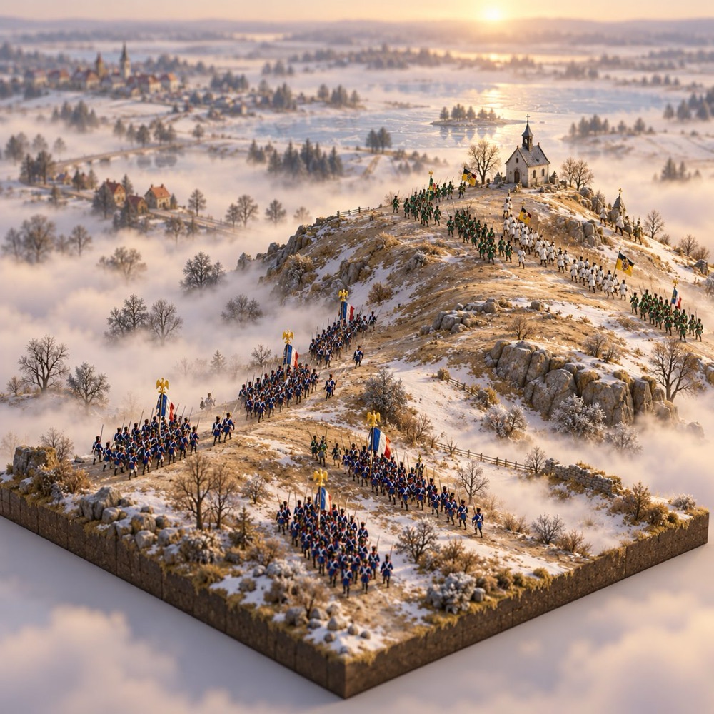 Isometric diorama: French columns climbing the snowy Pratzen Heights through the fog.