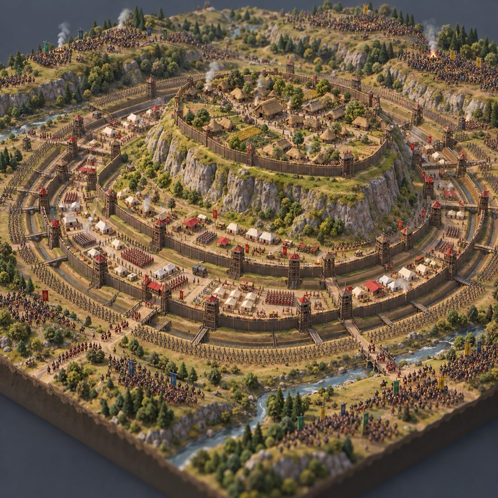 Diorama of the siege of Alesia, ringed by Roman walls.