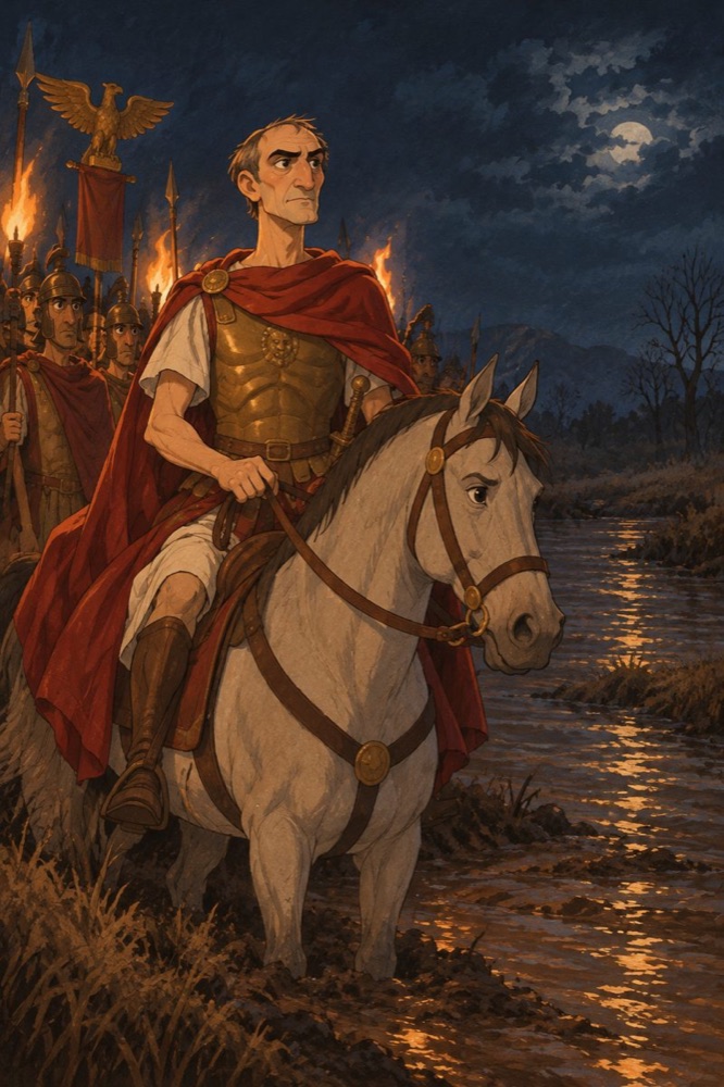 Caesar on a white horse at the Rubicon by night.