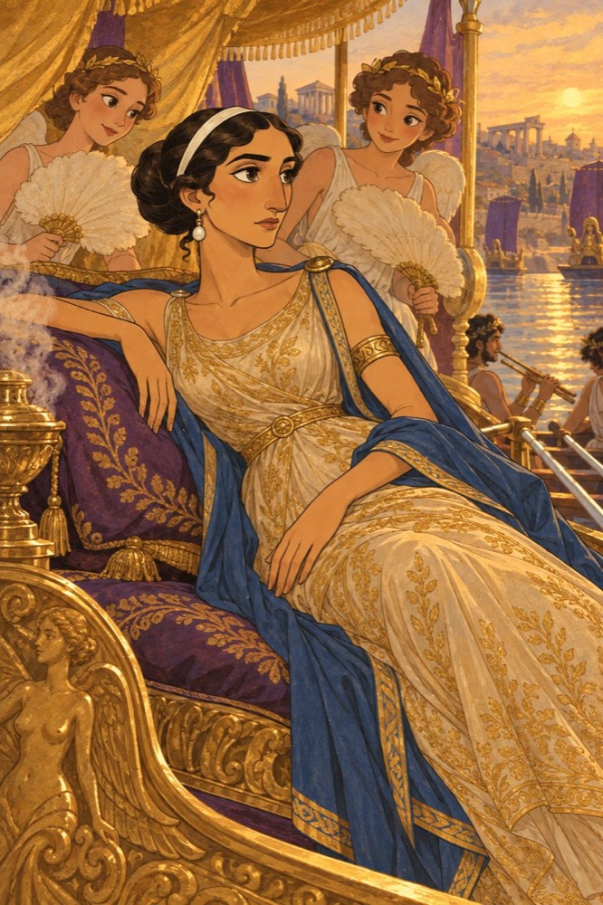 Cleopatra reclining on her golden barge at Tarsus.