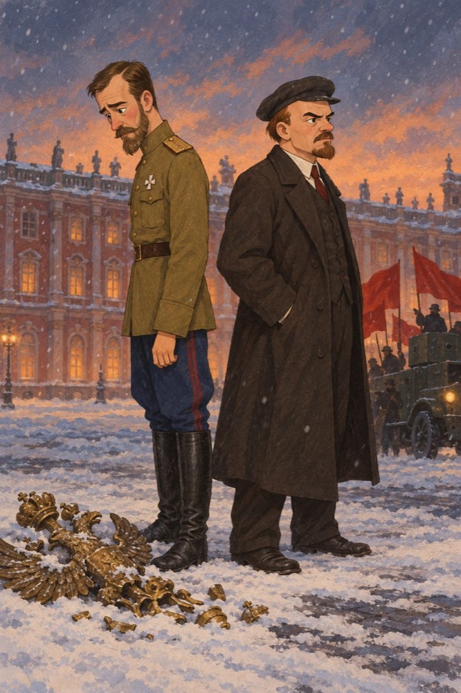 Tsar Nicholas II and Lenin in the snow.