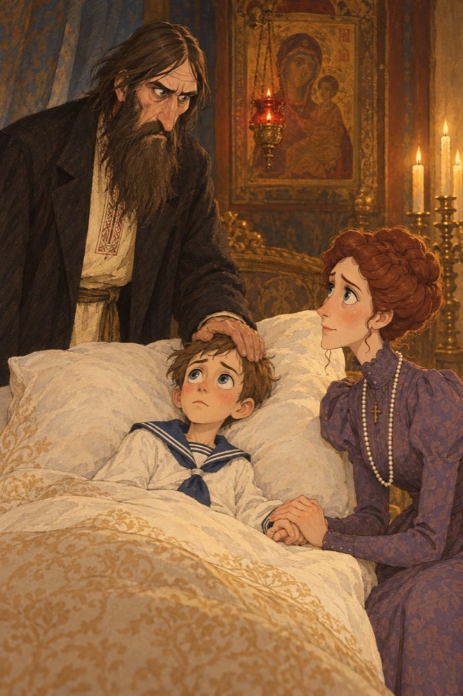 Rasputin at the bedside of the young Tsarevich Alexei, the Empress watching.
