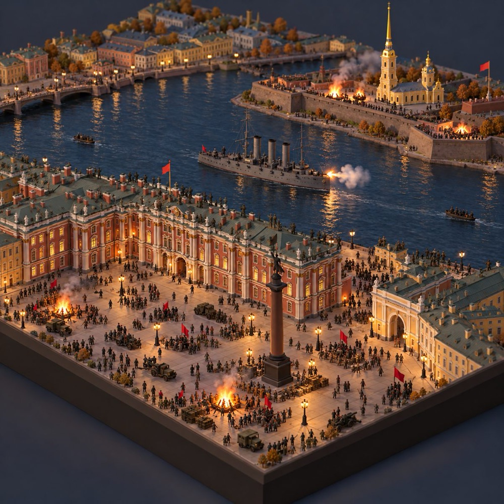 Diorama of the Winter Palace at night in October 1917.