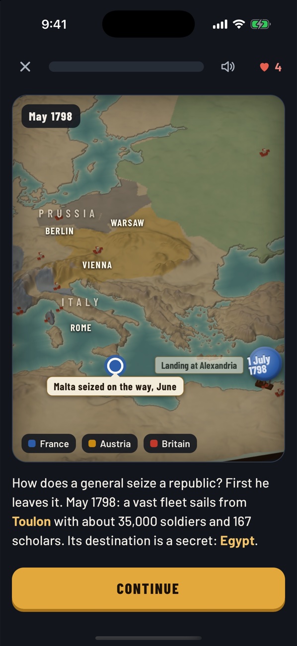 The 3D map in the app: the Mediterranean in May 1798 as Napoleon's fleet sails for Egypt.