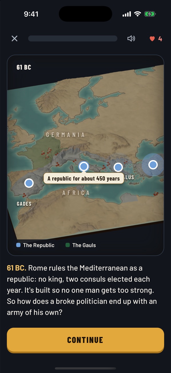 The app's map step: the Mediterranean in 61 BC, with Roman territory marked.