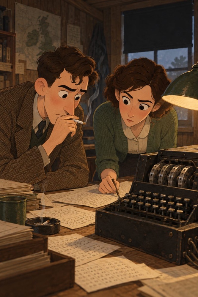 Codebreakers at Bletchley Park bent over an Enigma machine.