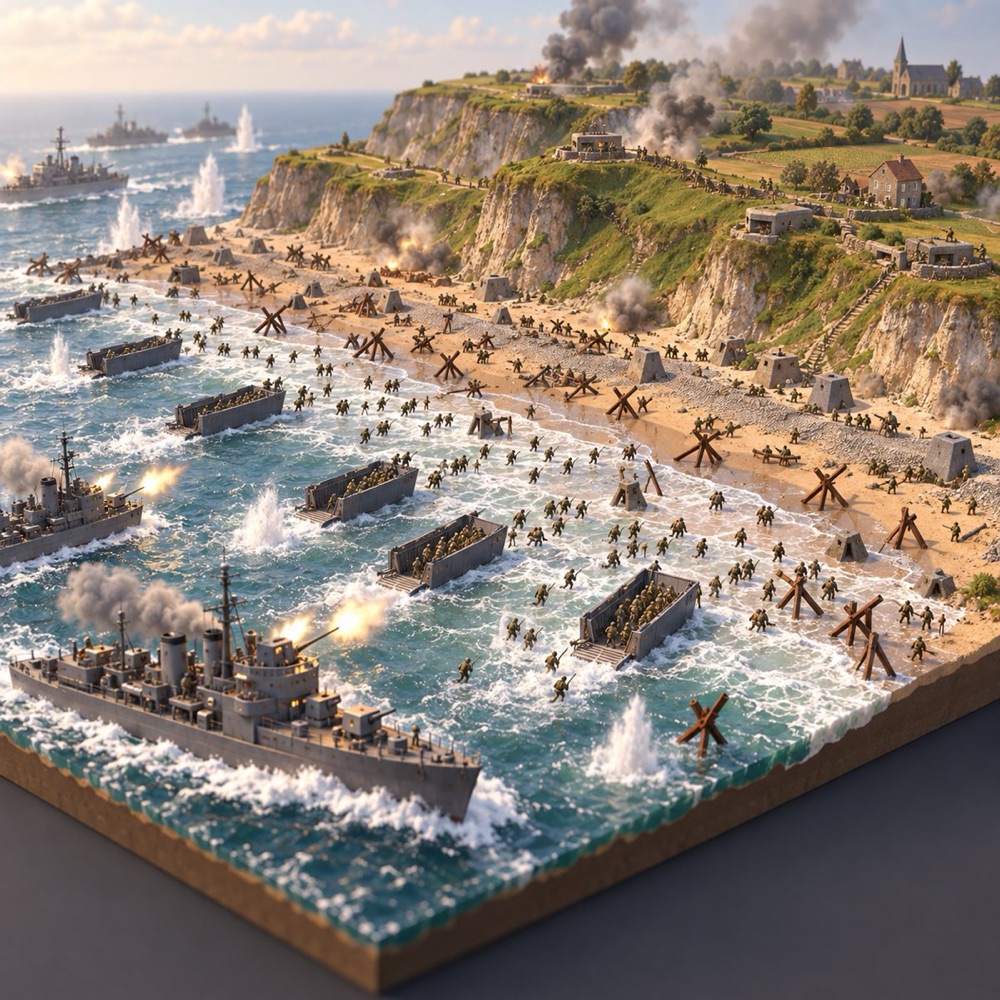 Diorama of landing craft coming ashore on Omaha Beach.